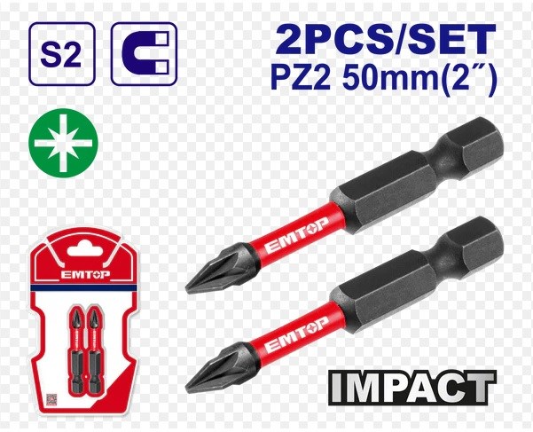 Emtop Impact Screwing Bits Bit PZ2 - 50 MM Pk 2 Ad)