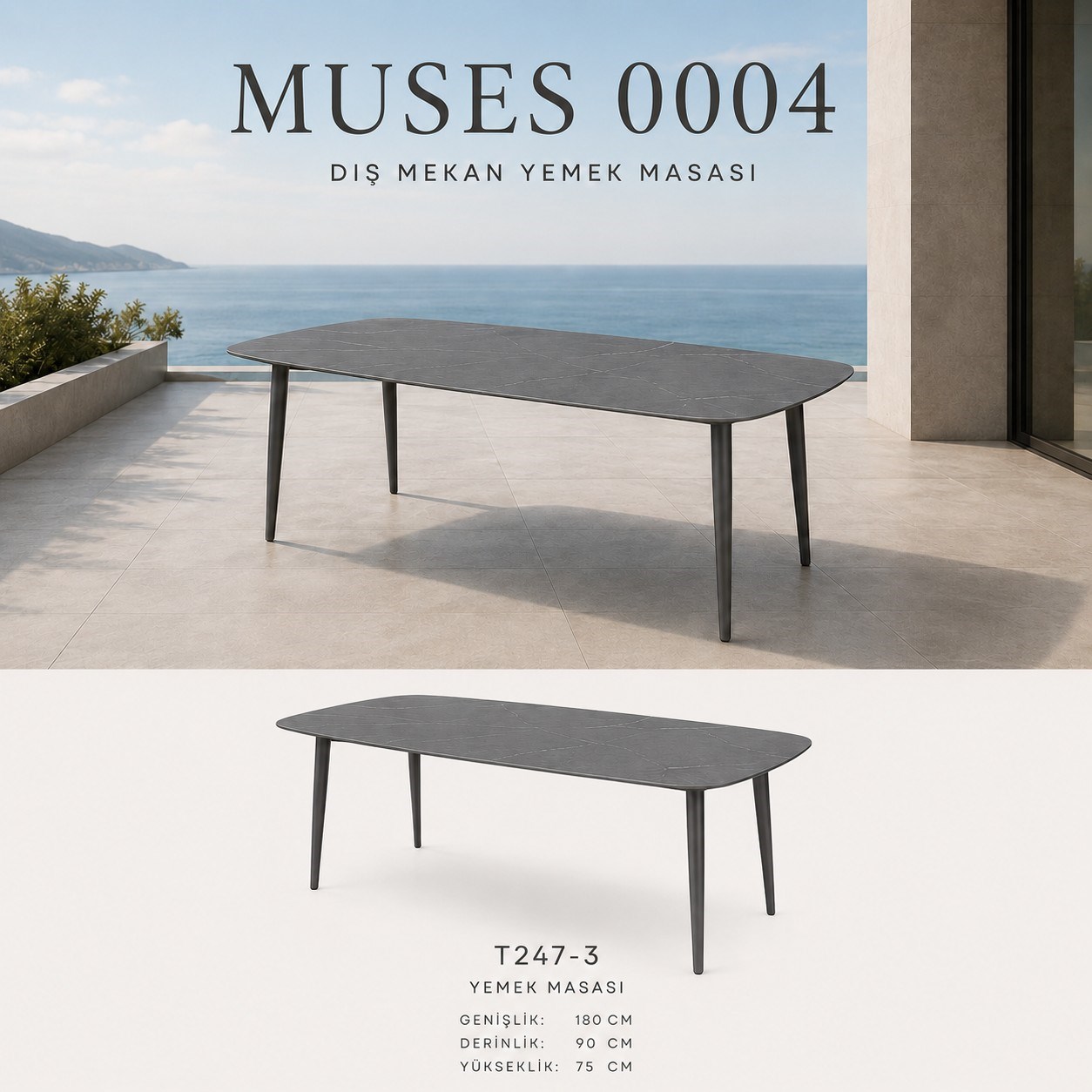 Muses 6 People Dining Table 180x90x75 cm, Grey Stone/Antrasit Aluminyu m