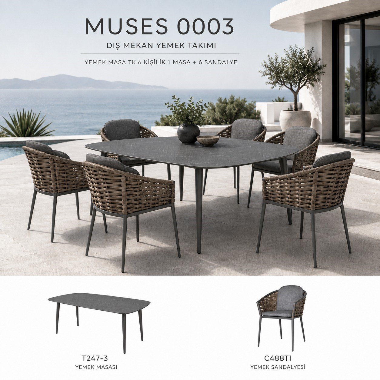 Muses 6 People Dining Sets: 180 cm Table and 6 Chairs, Anthracite alumina m