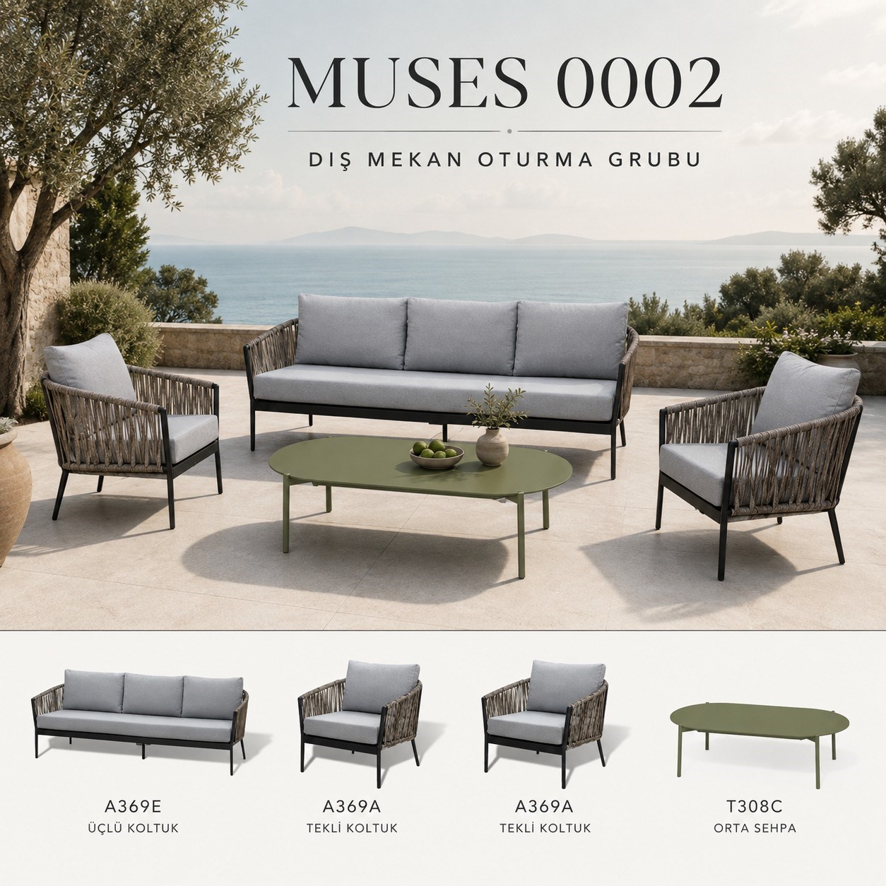 Muses Sitting Team: Single + Medium Coffee Table With 3, Natural/Anthracite alumina m