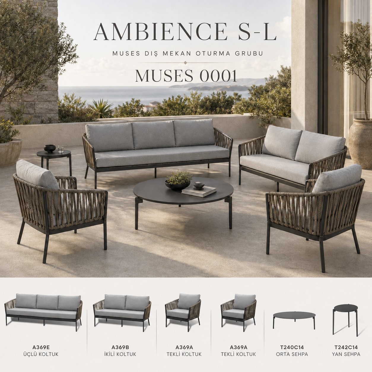 Muses Sitting Team: Single + Medium and Side Coffee Table with 3++2, Natural/Anthracite Alumina