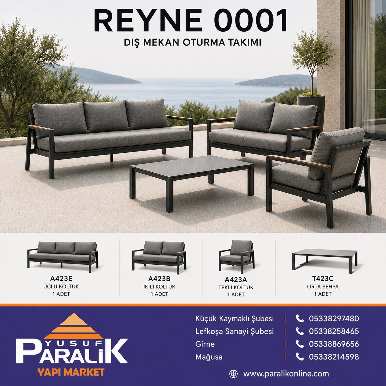 Reyne Sitting Team: + Single + Medium Coffee Table with 3+ + Teak/Antrasit Alüminyu m