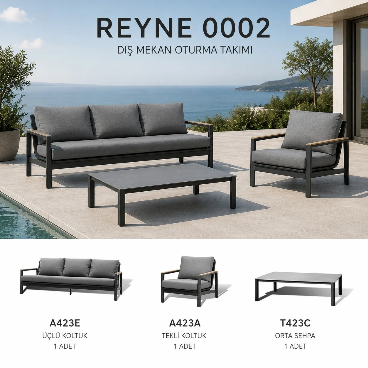Reyne Sitting Team: 3+Single+Middle Coffee Table, Teak/Antrasit Alüminyu m