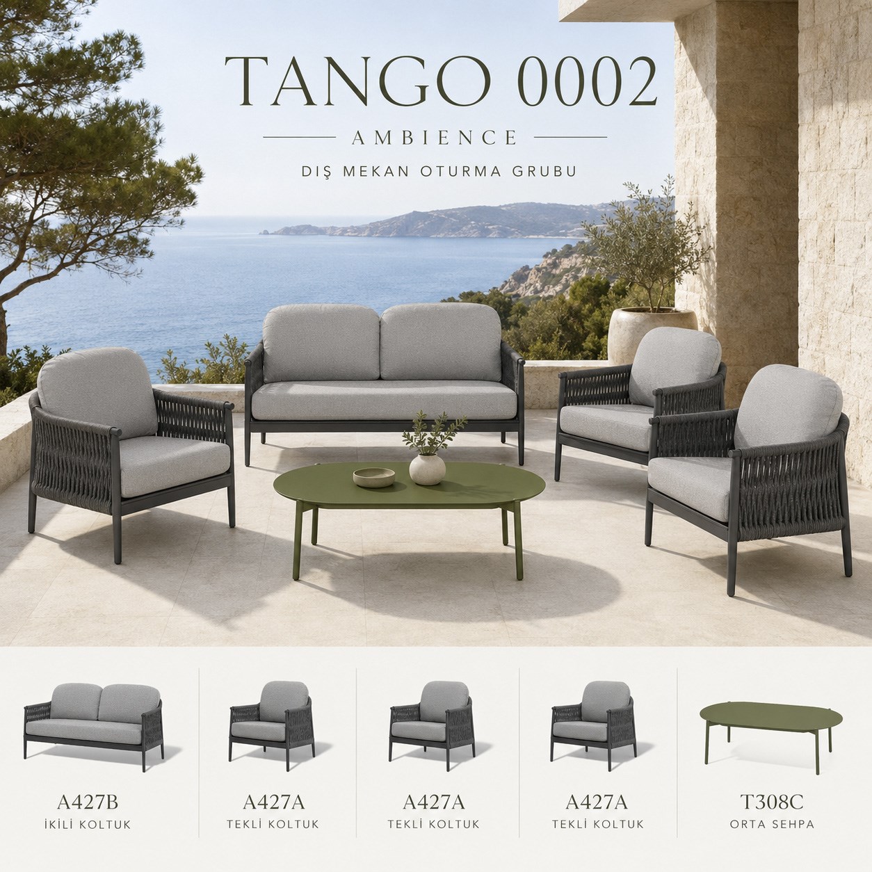 Tango Living Set: 2+3 Single+Middle Coffee Table, Grey/Antracyte alumina m