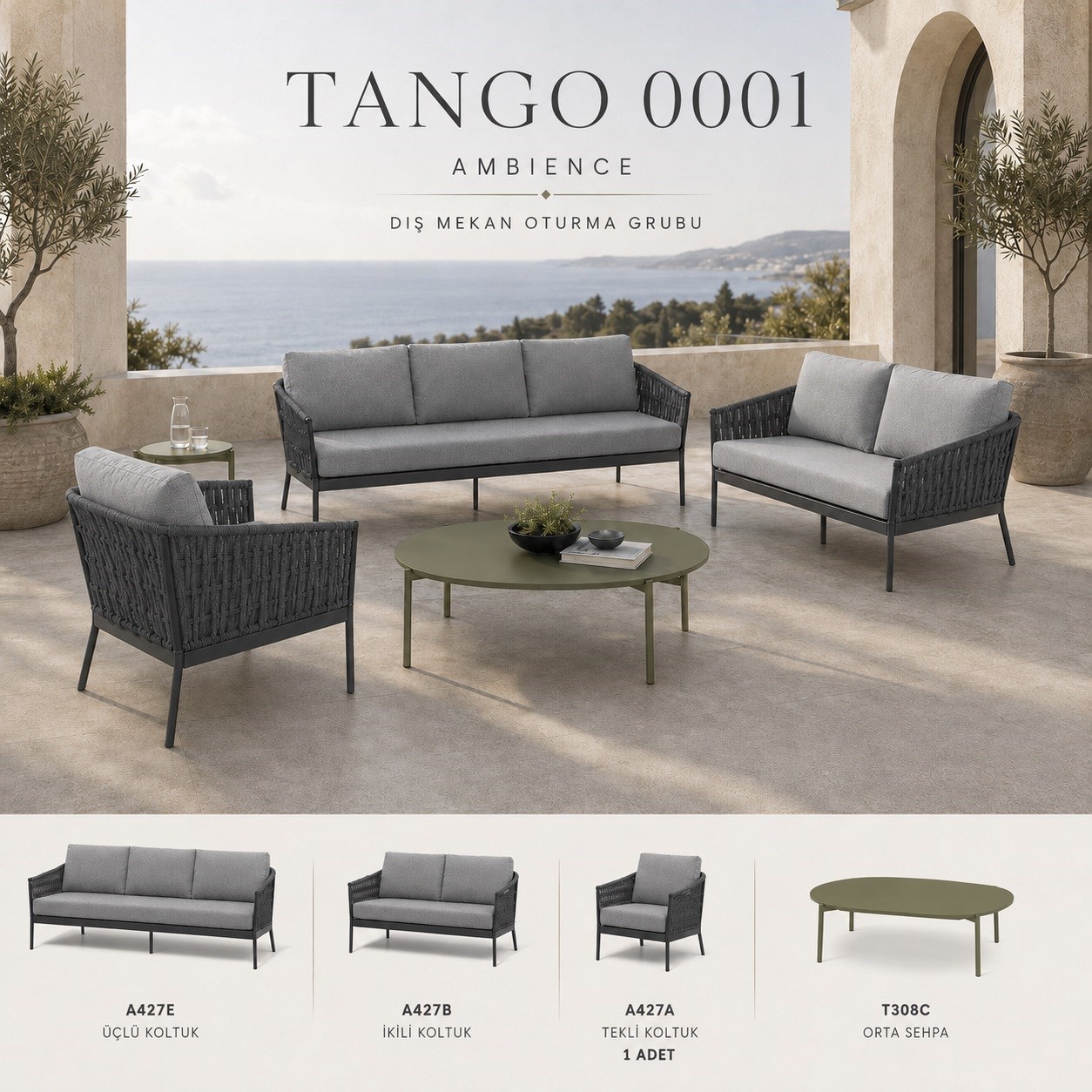 Tango Living Set: 3+Single+Middle Coffee Table, Grey/Anthracite alumina m