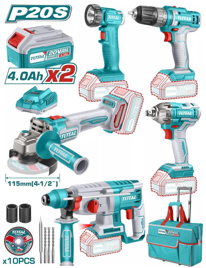Total Cordless Industrial Tool Set (Kombo) 5 Piece (2X4Ah Battery+Chargerer+Canta)