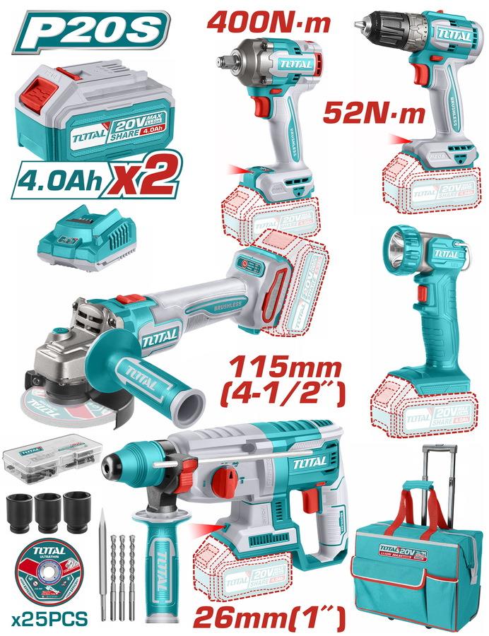 Total Cordless Industrial Tool Set (Kombo) 5 Piece (2X4Ah Battery+Chargerer+Canta)