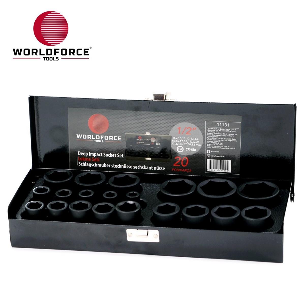 World Force Socket Set 20 Piece 1/2'' 6-Point (8-24, 27, 30, 32MM) Metal Kutu