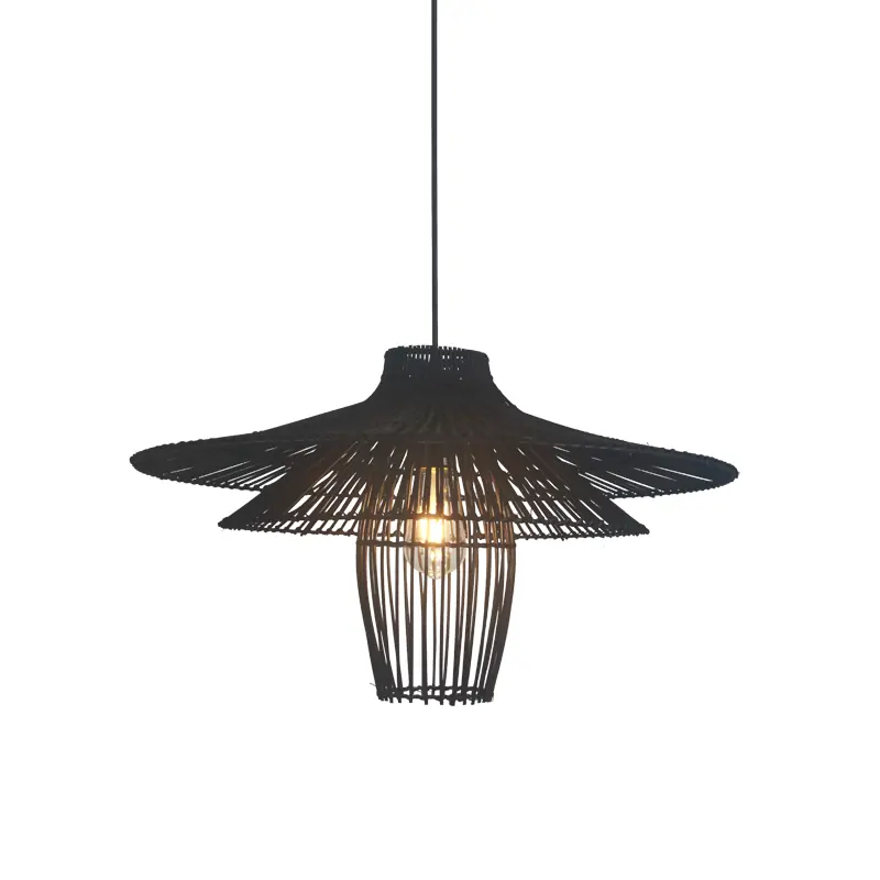 Chandelier Pendant Lamp Single Rattan with Metal Detail Black