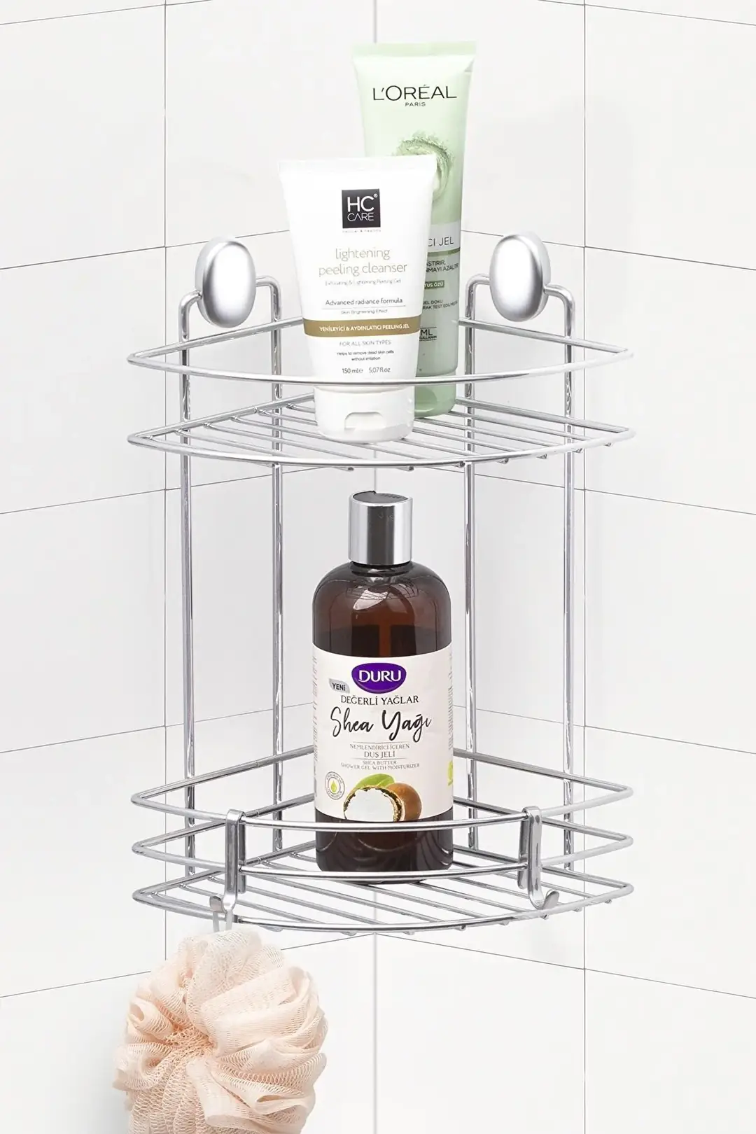 Bathroom Corner Shelf with Dowel 2 Tiers 18cm Chrome