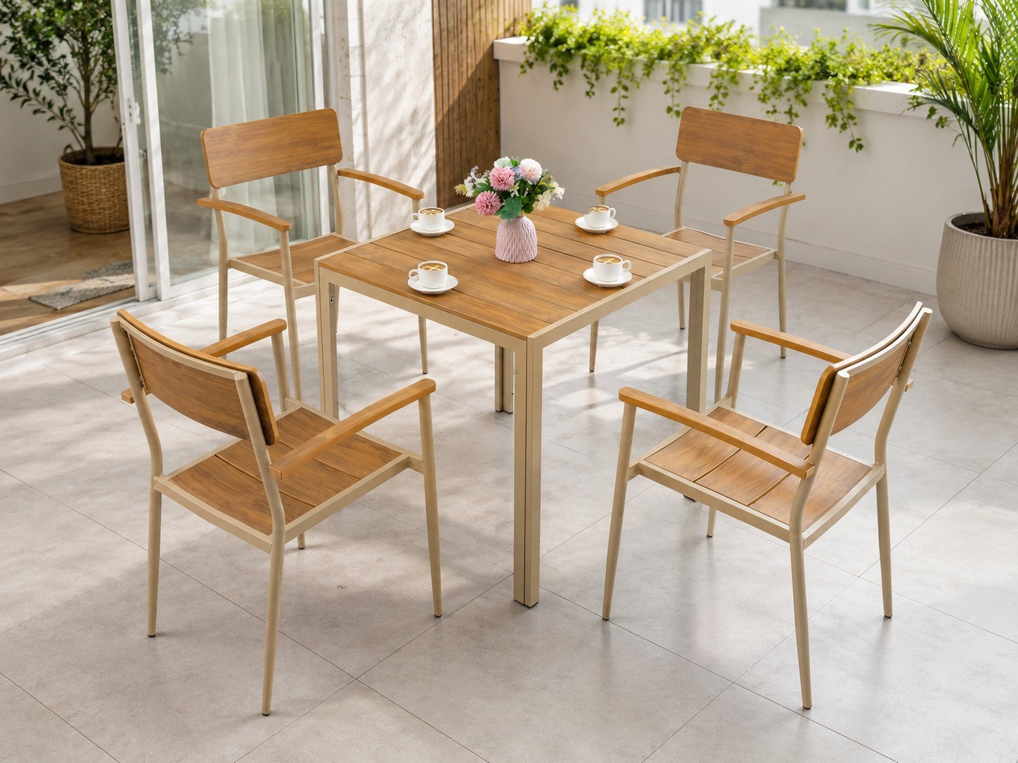 Garden Table Set 4 Chair+Massage(80x80CM) Aluminum Body/Plastic Wood Detail