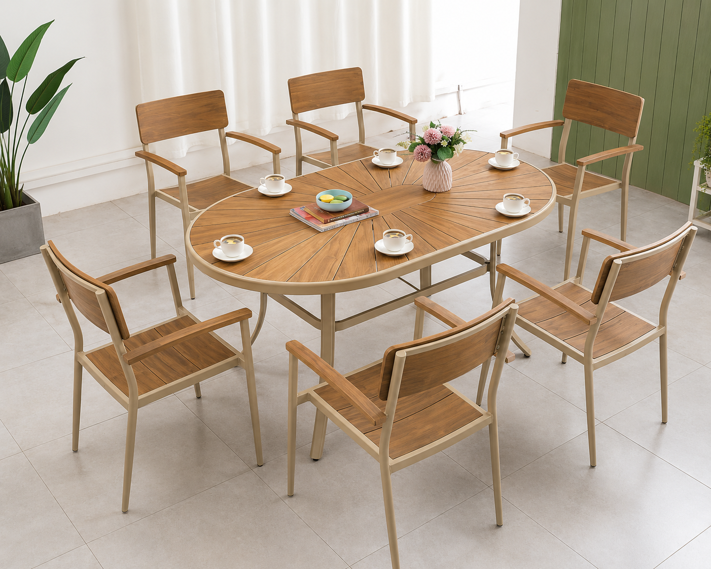 Garden Table Set 6 Chair+Massage(160x90CM) Aluminum Body/Plastic Wood Detail