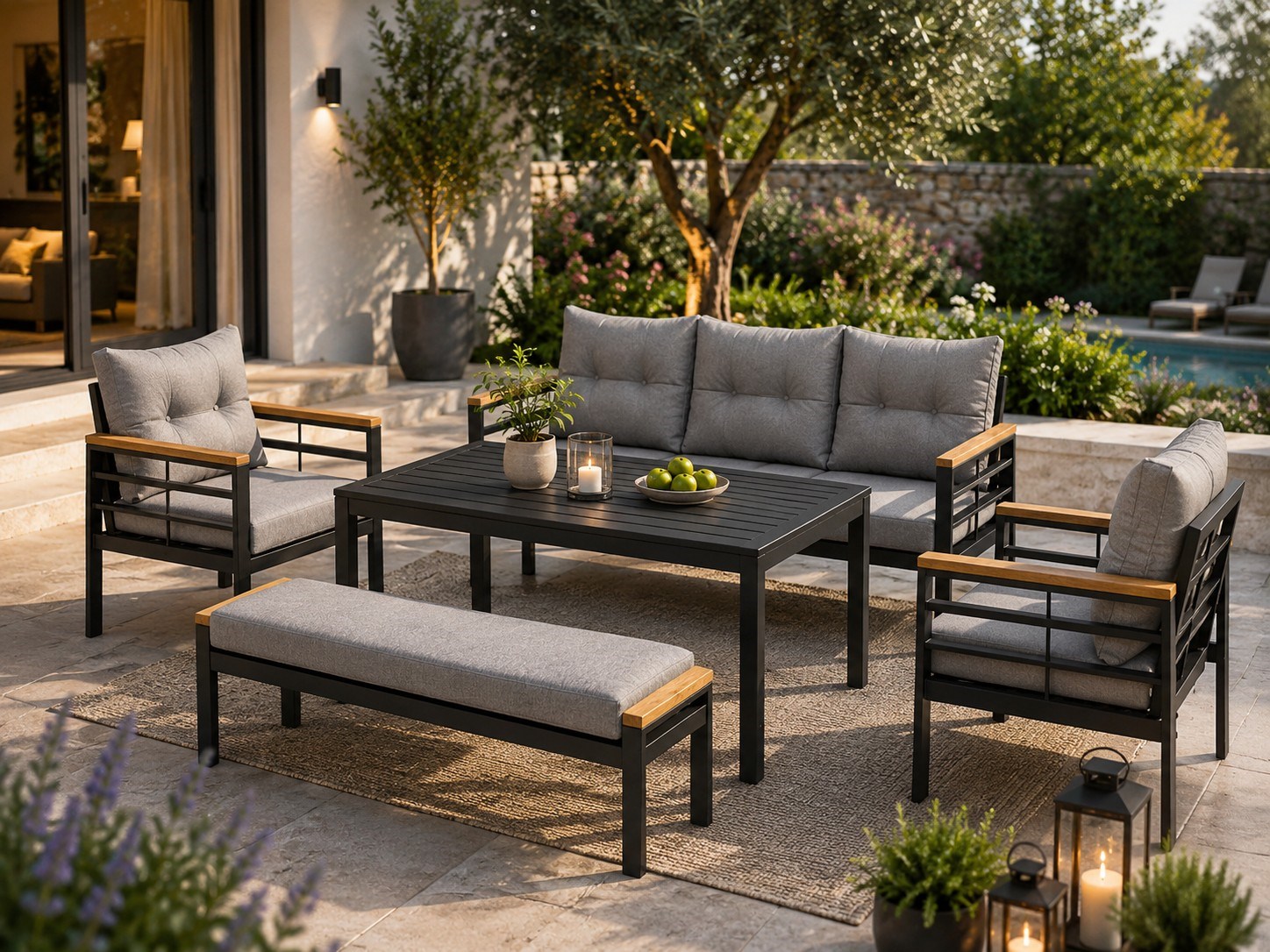 Garden Living Group 3some Sofa+2 Single Seat+Bank+Sehpa Aleminium Body