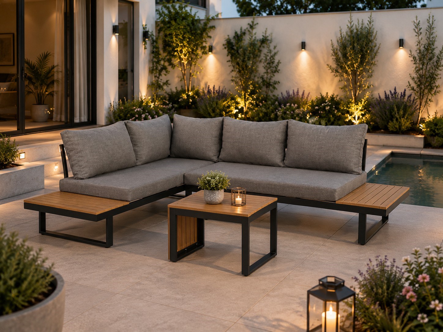 Garden Living Group Sofa and Table Set Plastic Wood/Minder Aleminium Body