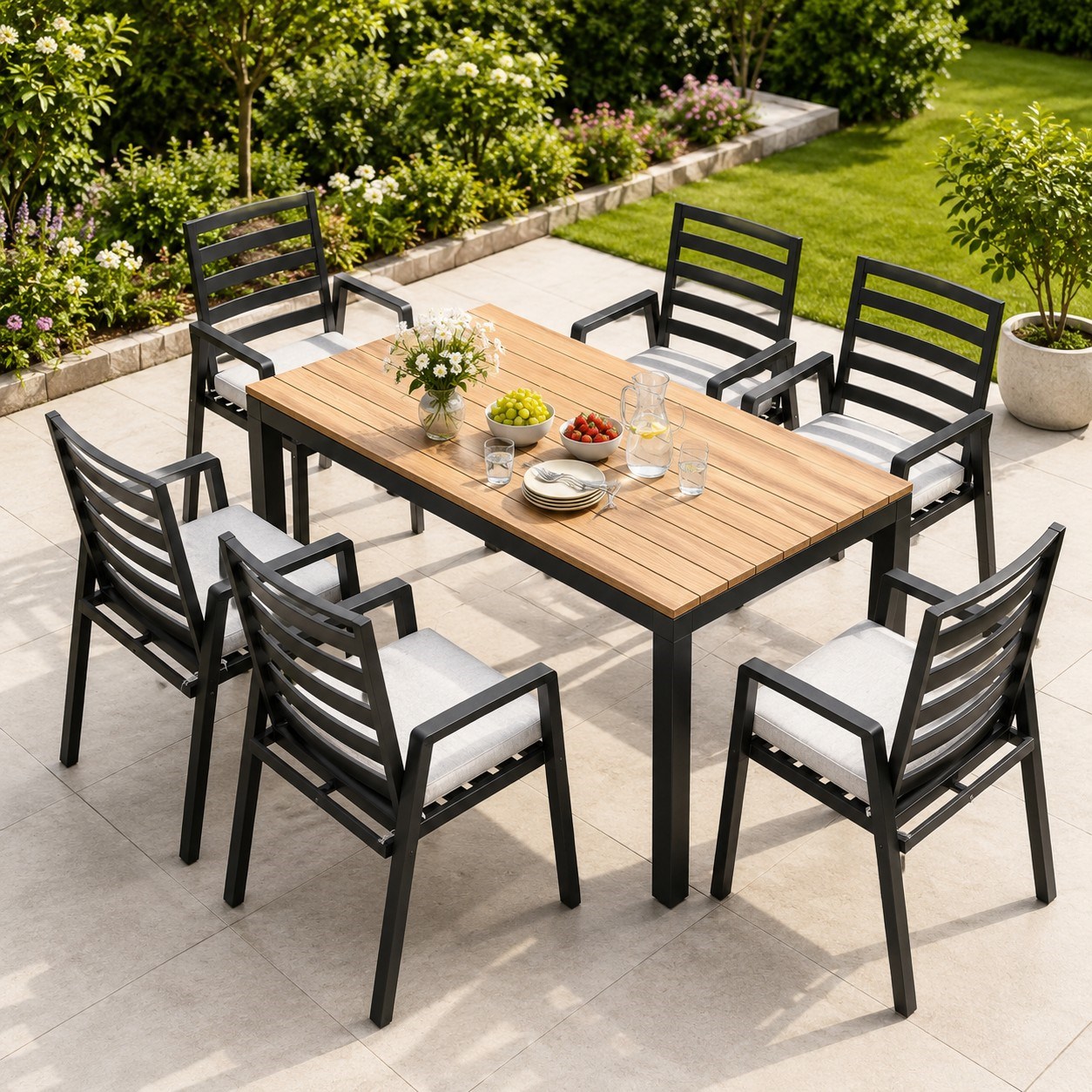 Garden Dining Set 6 Chair+Wood Table Cushion Aluminum Body