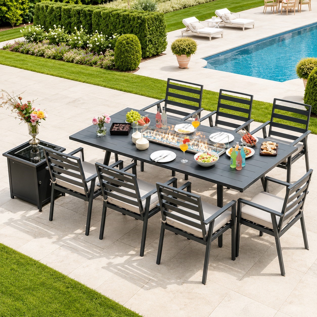 Garden Dining Set 6 Chair+Fire Pit Table(205X90X75CM)+Yaning Table Aleminium Body