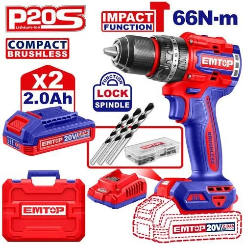 Emtop Cordless Impact Drill 66Nm 20V 2Ah (2Battery+Chargerer)