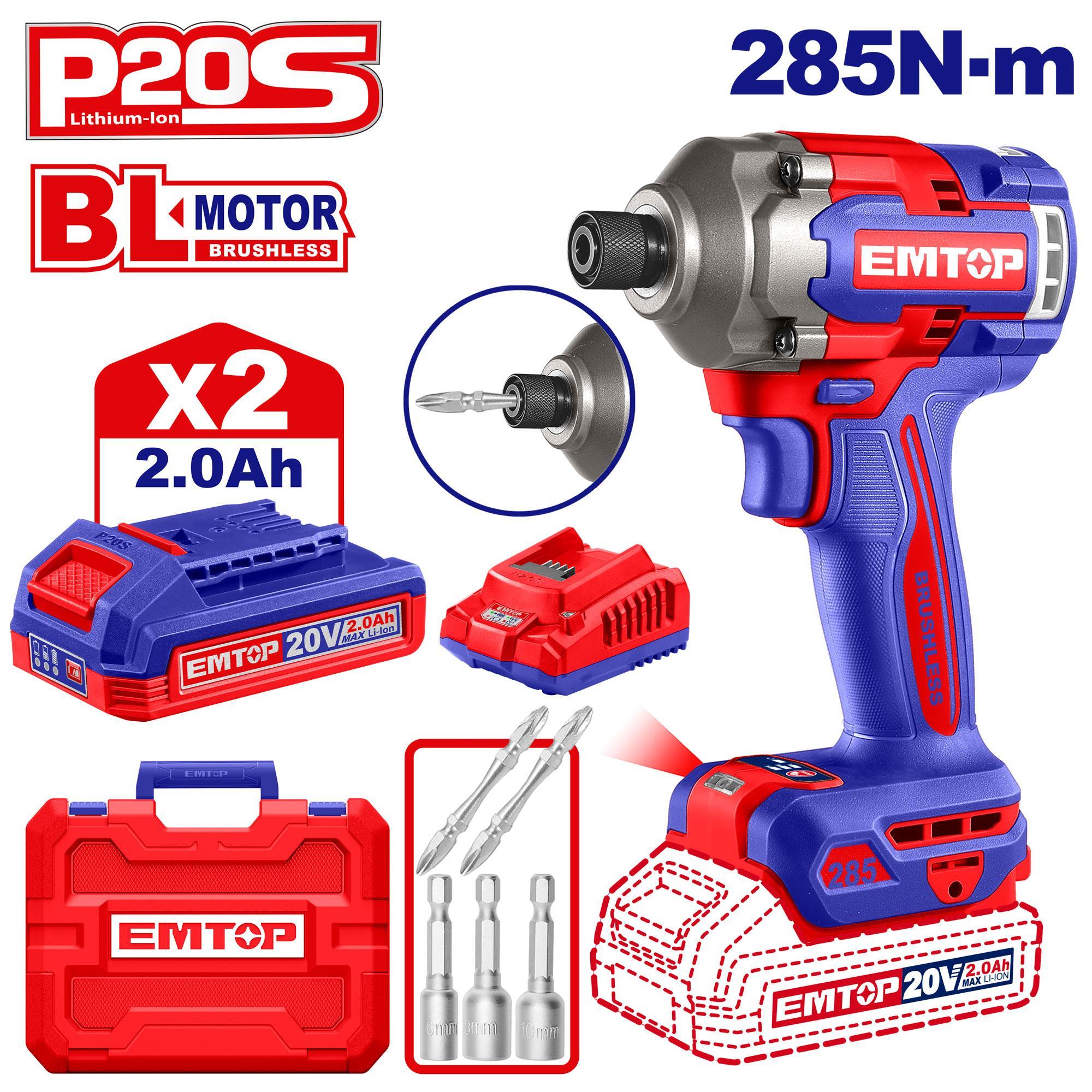 Emtop Cordless Drill Pulse 1/4'-6-35MM/285NM (2Ah Battery+Chargerer)