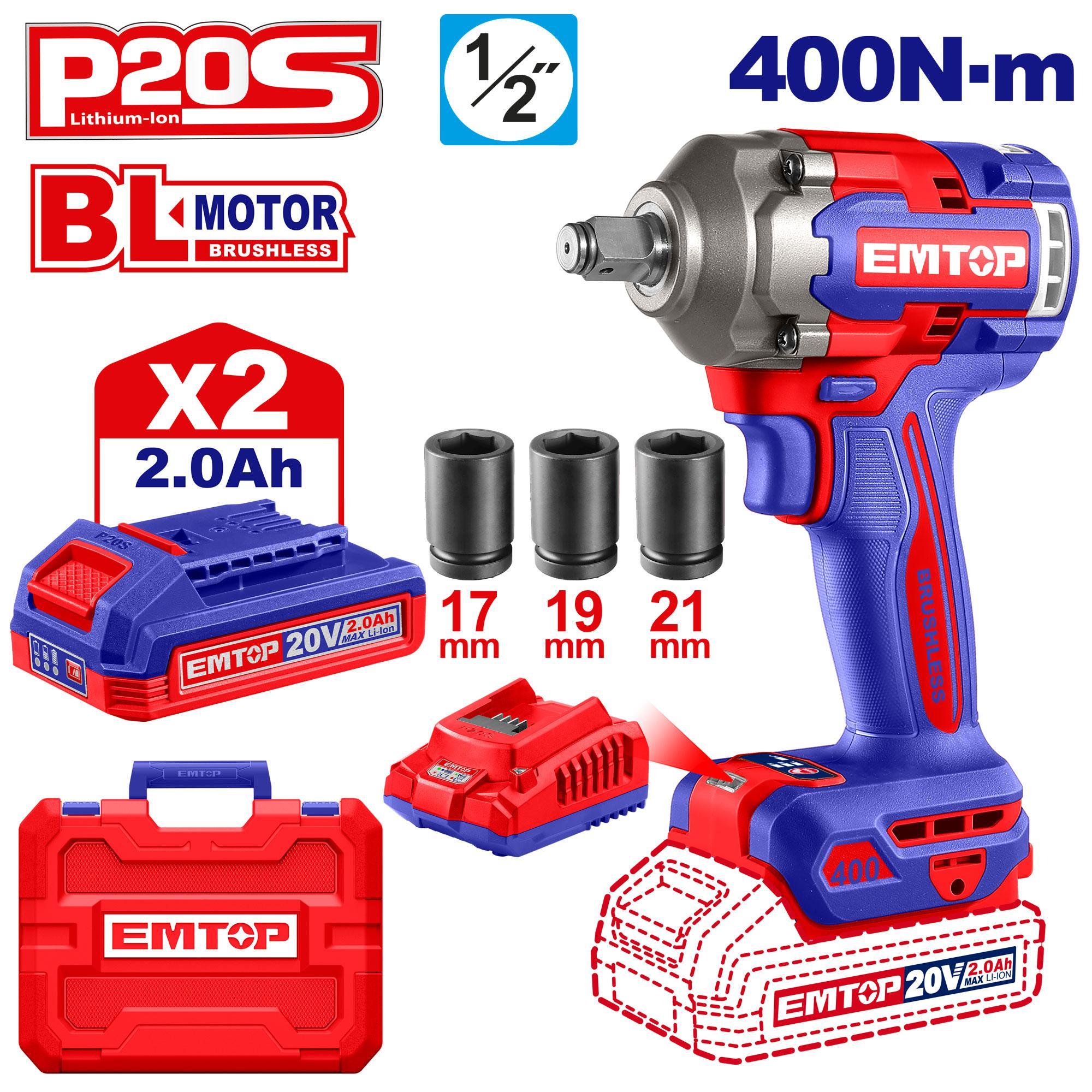 Emtop Cordless Drill Impact BL 13MM/400Nm 20V (2Ah Battery+Chargerer)