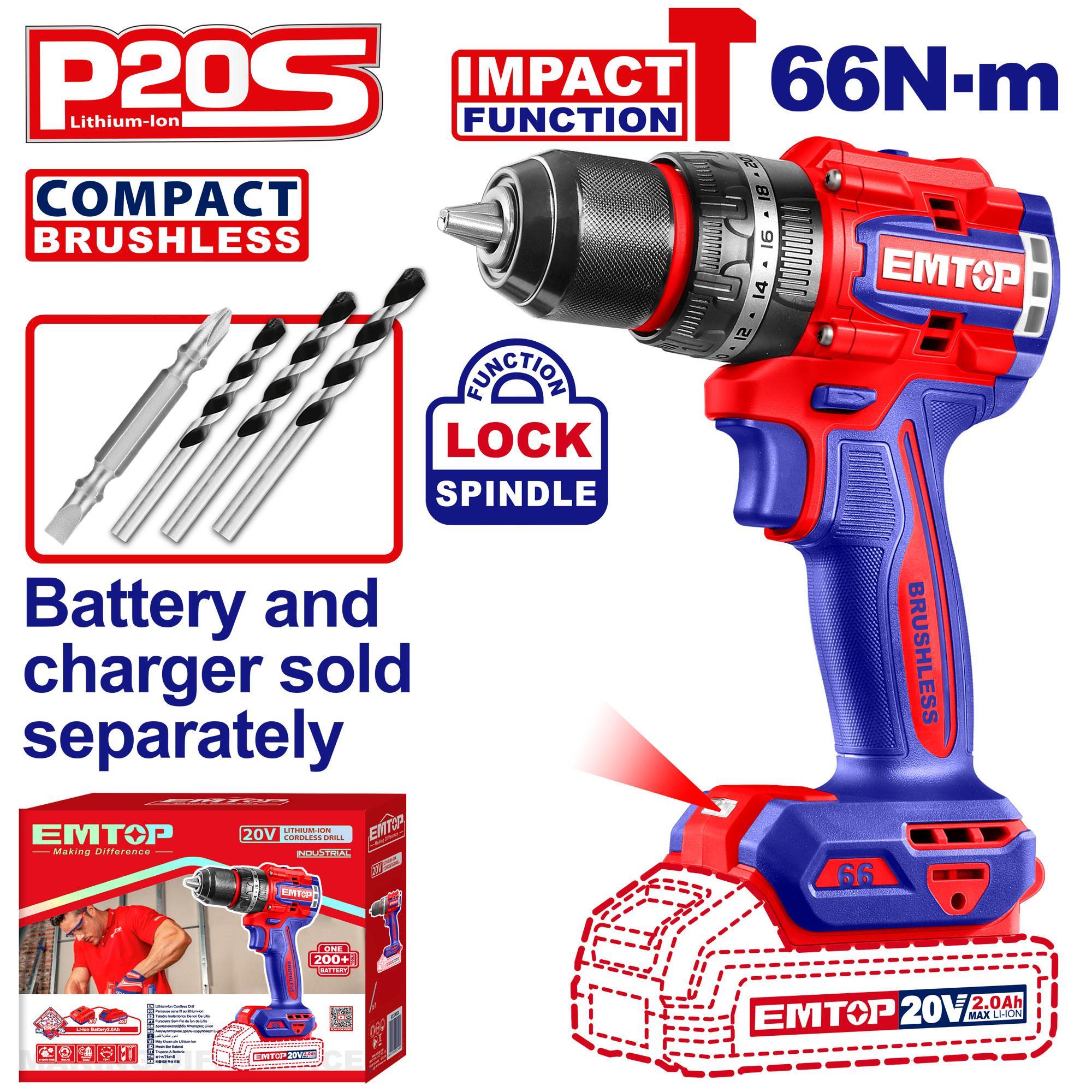 Emtop Cordless Drill Impact BL 13MM/66Nm 20V(Only Tool)