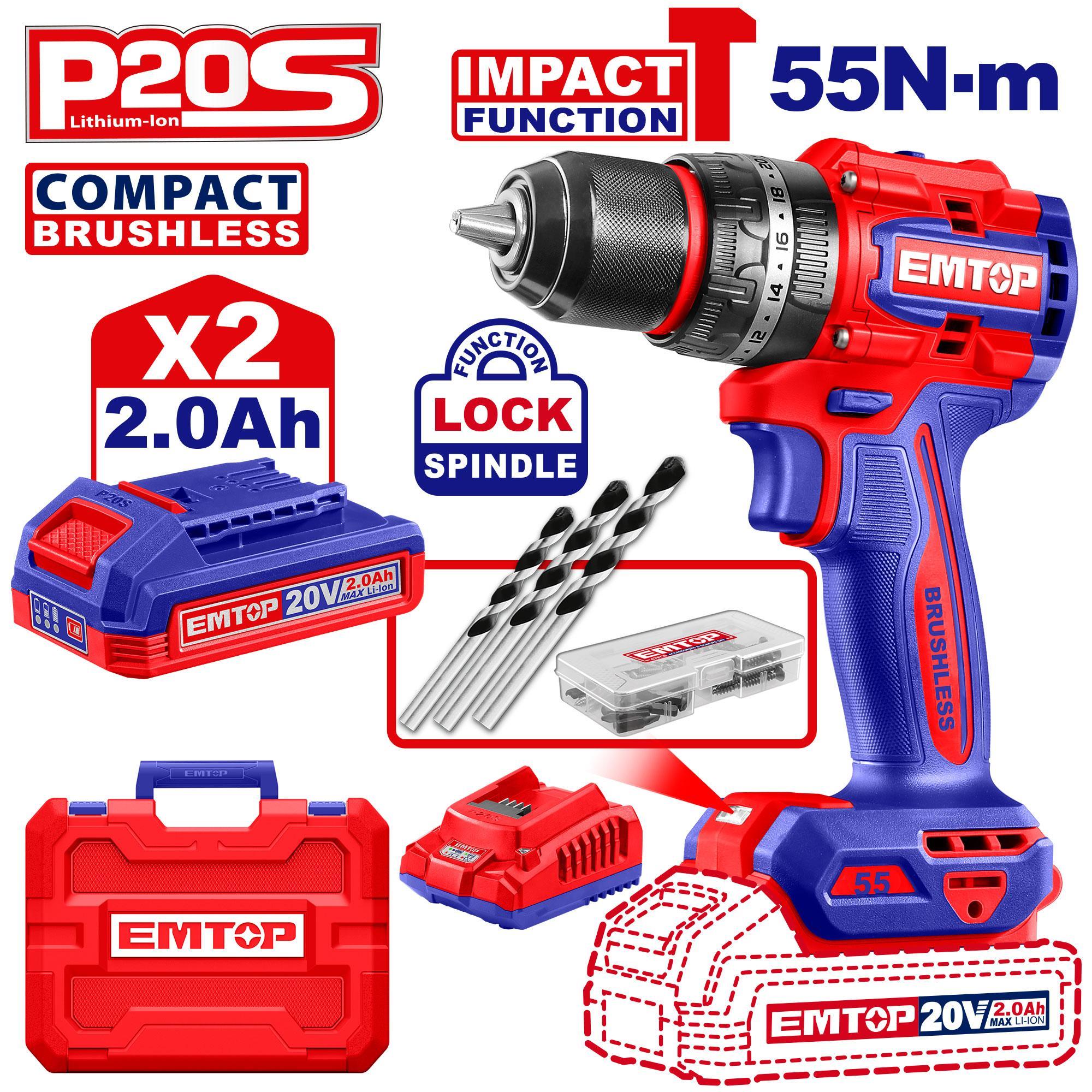 Emtop Cordless Drill Coalless Pulse 20V/55Nm (2Ah Battery+Chargerer)