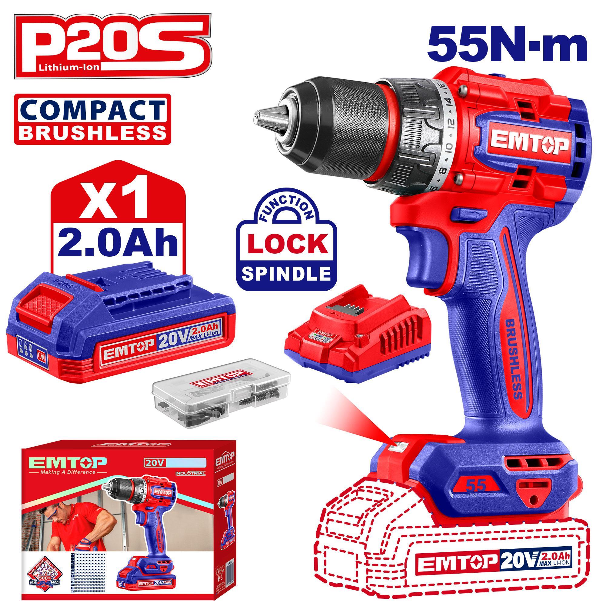 Emtop Cordless Drill Coalless Pulseless 20V/55Nm (2Ah Battery+Chargerer)
