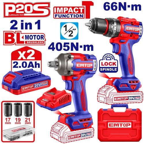 Emtop Cordless Drill+Somun Crimping 2 Set 20V 2Ah(Battery+Chargerer)