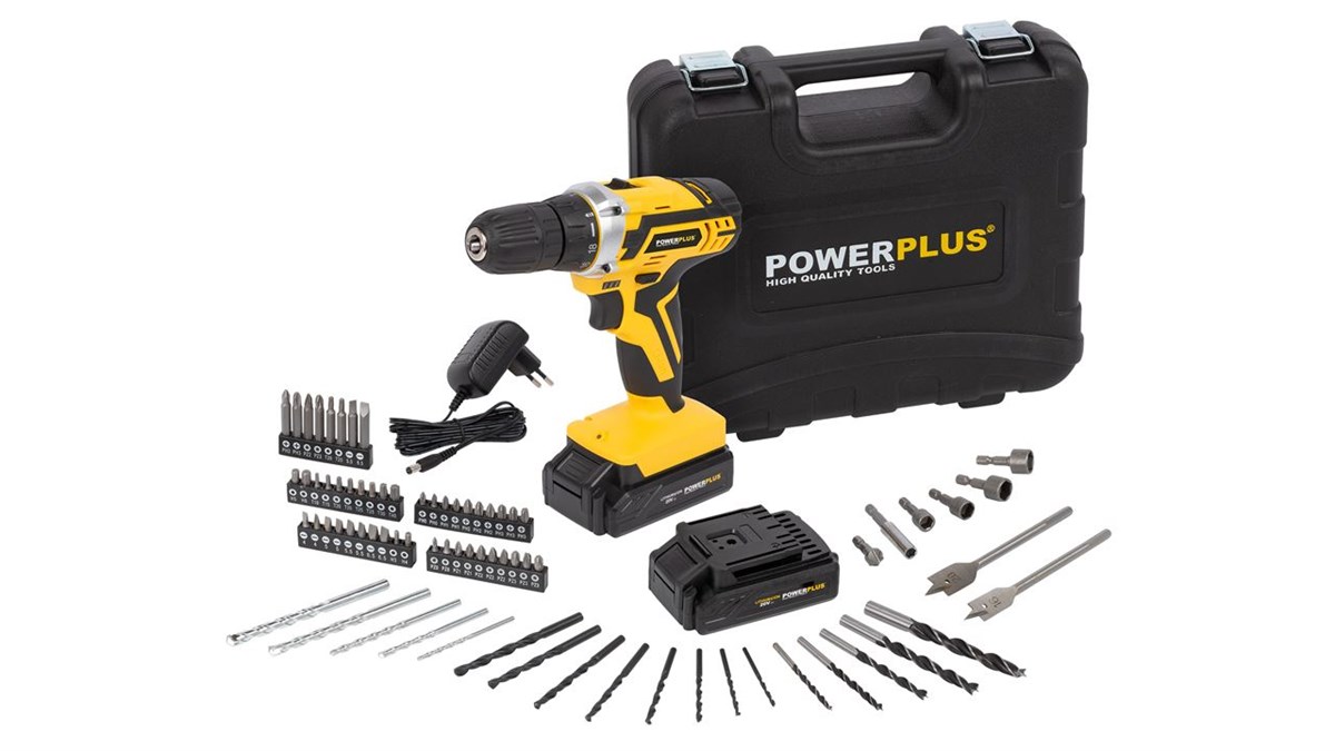 Powerplus Drill Cordless 20V Lithium 74 Piece Accessories (2Battery+Chargerer)