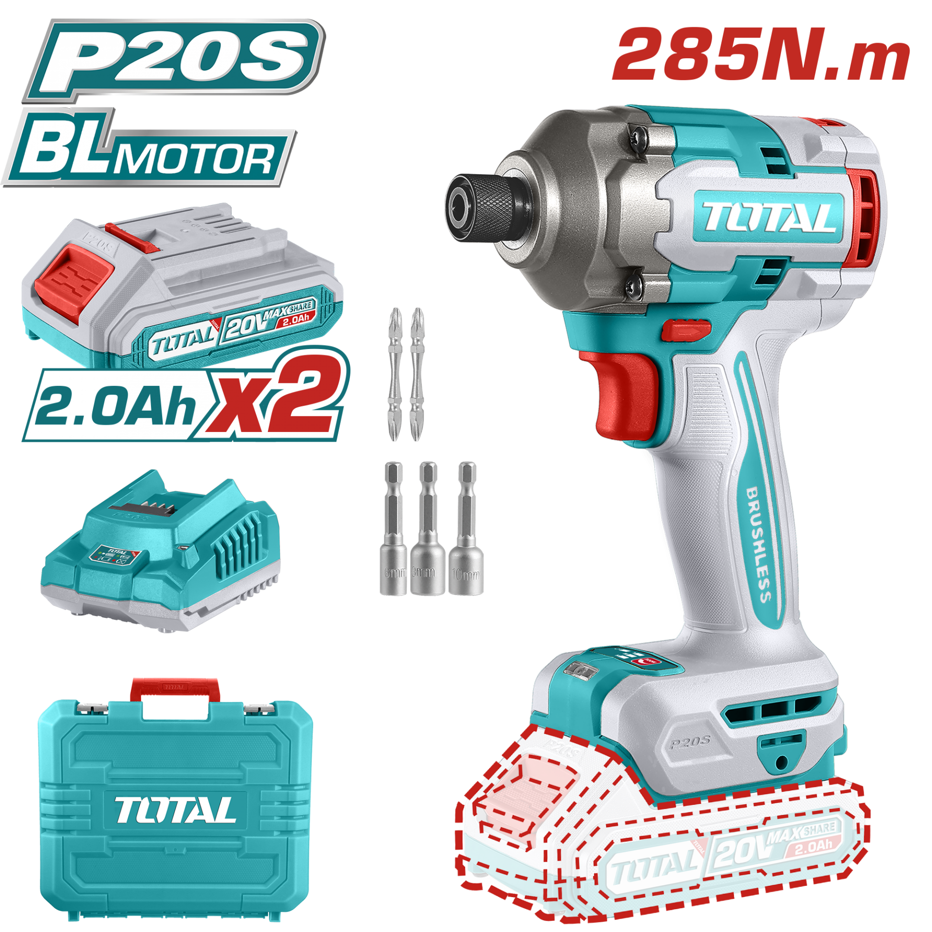 Total Cordless Drill Impact 20V/285Nm (2Ah Battery+Chargerer)