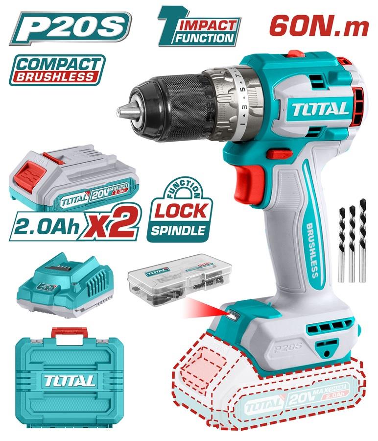 Total Cordless Drill Impact BL 13MM/60Nm 20V (2Ah Battery+Chargerer)