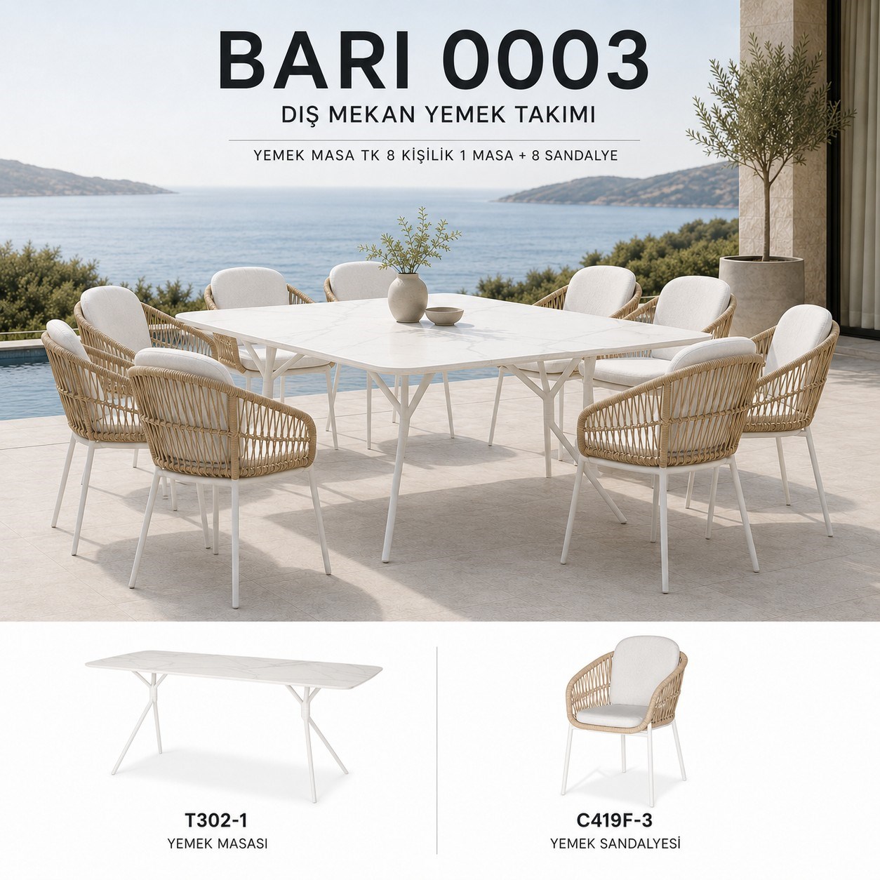 Bari 8 Person Dining Set: 240cm Table And 8 Chair , White/Krem alumina m