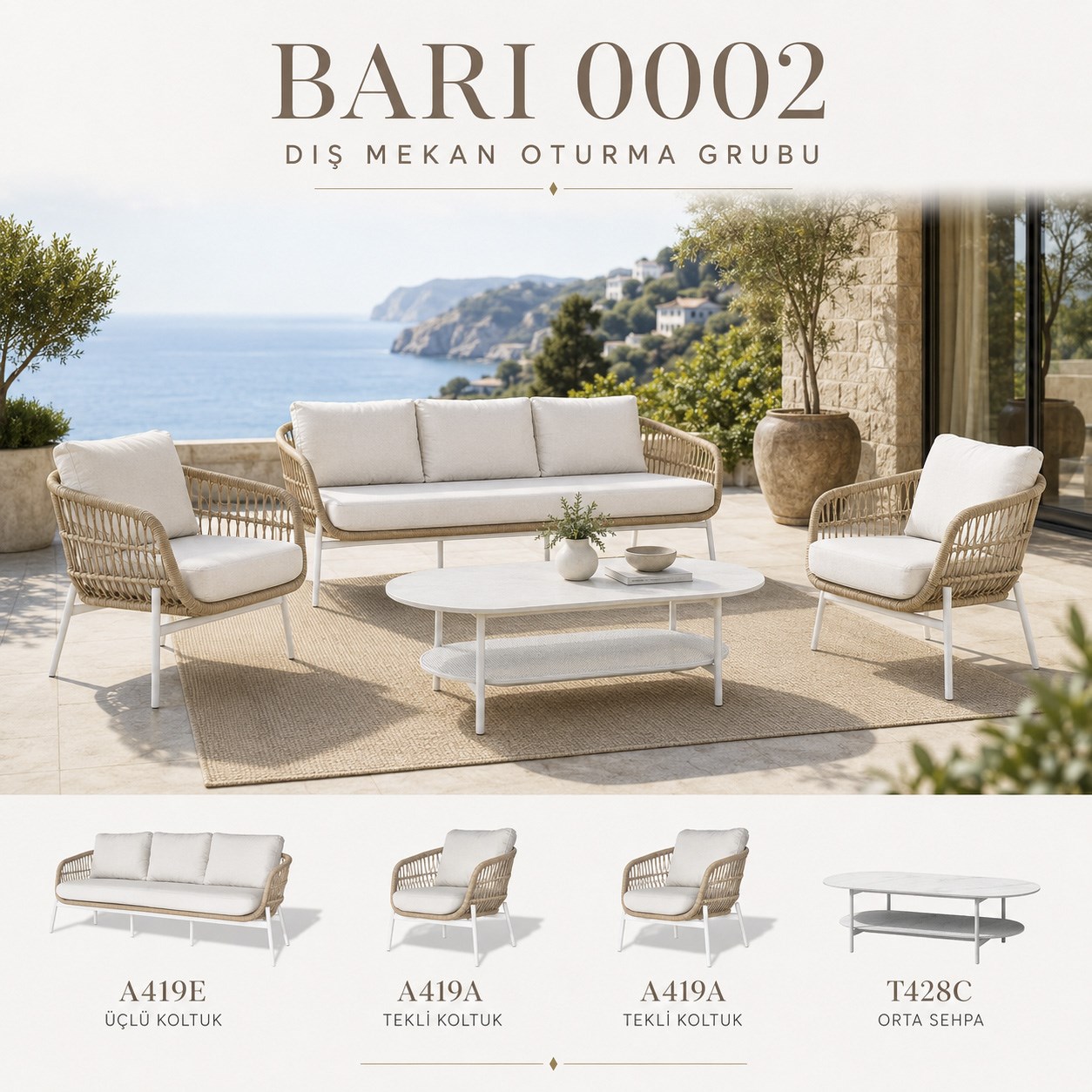 Bari Seating Set: Single + Medium Coffee Table With 3, Cream/White alumina m