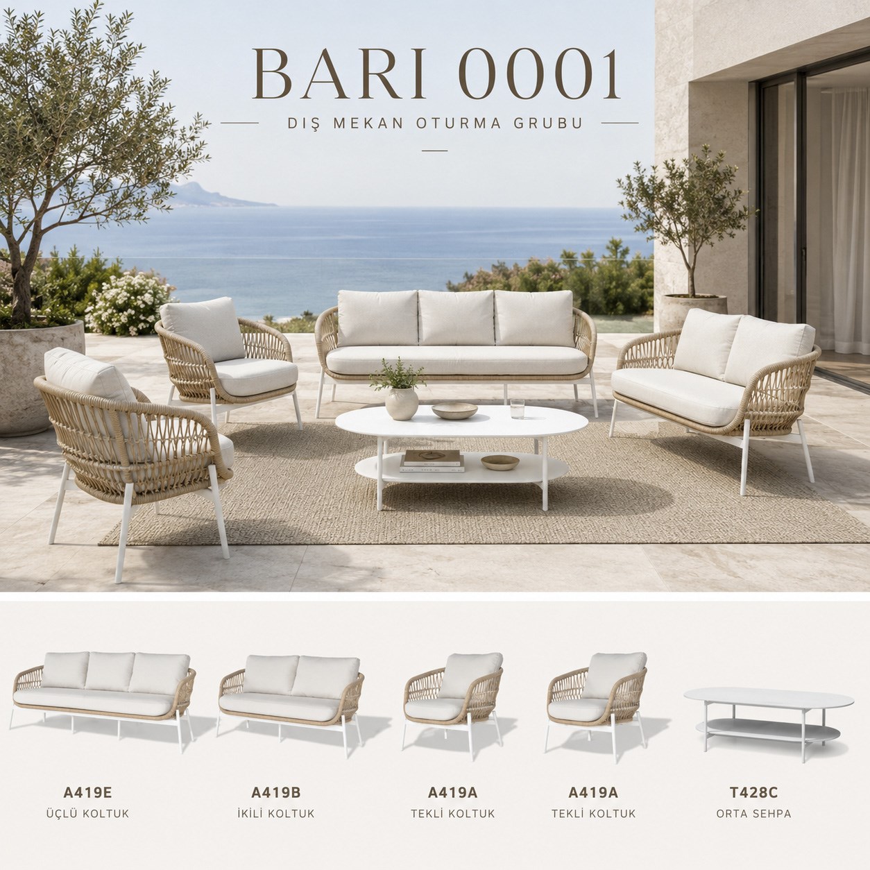 Bari Seating Set: 2 Single + Medium Coffee Table with 3++2, Cream/White alumina m